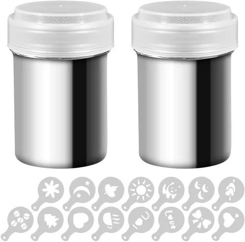 SENHAI - 2 cocteleras de polvo de acero inoxidable, latas de polvo para café, cacao, canela en polvo con tapa, con 16 moldes de impresión