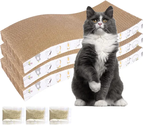 Miniatura 9 de PatiencET Paquete de 4 almohadillas para arañazos para gatos con caja, rascador de cartón para gatos de interior, rascador reversible con caja