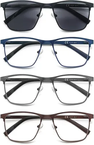 MODFANS Gafas de lectura para hombre, lentes de bloqueo de luz azul, lectores cuadrados de metal, material de acero inoxidable, antifatiga