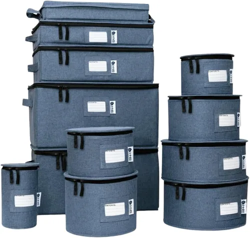 Miniatura 12 de Juego de 8 cajas de almacenamiento de China para vajilla, vasos, platos, tazas y platillos, organizador de platos resistente con divisores para Beige