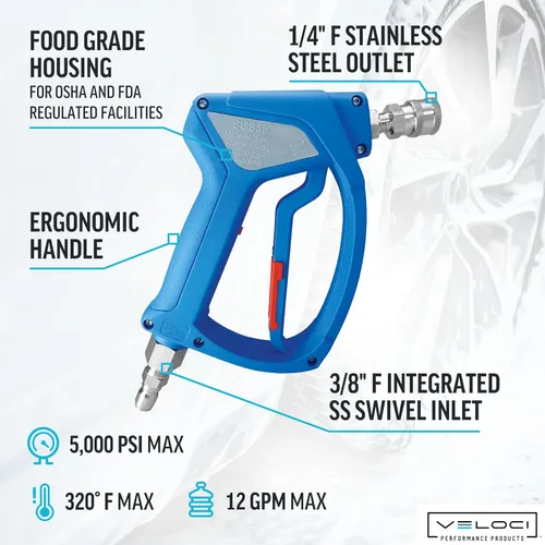 Miniatura 4 de MTM Hydro Acqualine SGS35 Pistola de Lavadora a Presión con Conexiones Rápidas de Acero Inoxidable y Giratorio Activo, Alta Presión 4000 PSI Grado