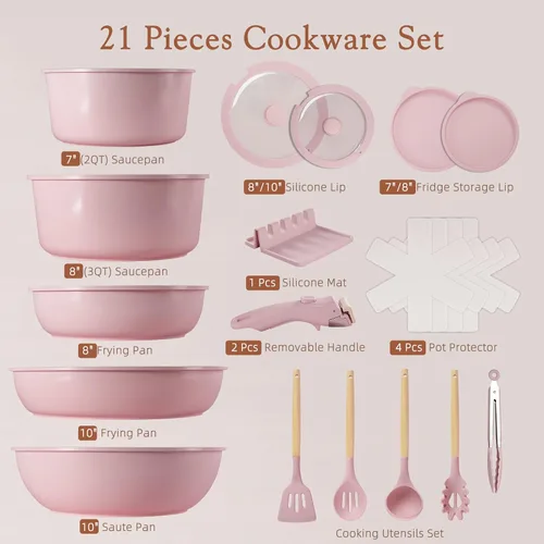 Miniatura 9 de Astercook Juego de 21 ollas y sartenes antiadherentes, juego de utensilios de cocina de cerámica, mango desmontable, juego de cocina de Rosa