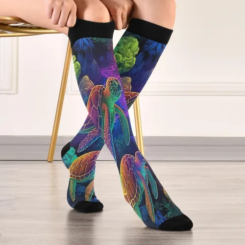 Miniatura 5 de xigua Misteriosos calcetines de compresión de tortuga pintada para mujeres y hombres, medias altas de circulación hasta la rodilla para correr