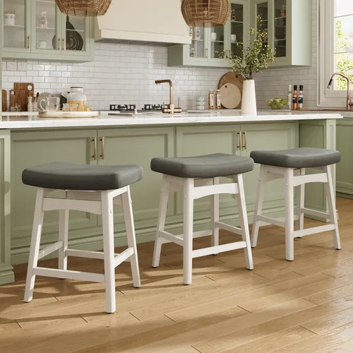 Miniatura 22 de MAISON ARTS Juego de 4 taburetes de bar grises para encimera de cocina, patas de madera maciza con asiento de silla de montar de piel sintética