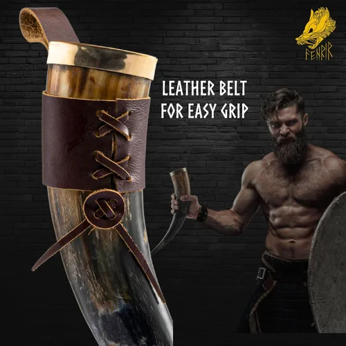 Miniatura 4 de FENRIR - Cuerno vikingo con soporte de 16 onzas, regalos para hombres, papá, esposo, taza de cuerno de buey natural con abridor de botellas Thor
