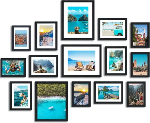 Fixwal Juego de marcos de fotos, paquete de 15 marcos de fotos negros collage decoración de pared para fotos variadas, tres de 8x10, seis de 5x7,