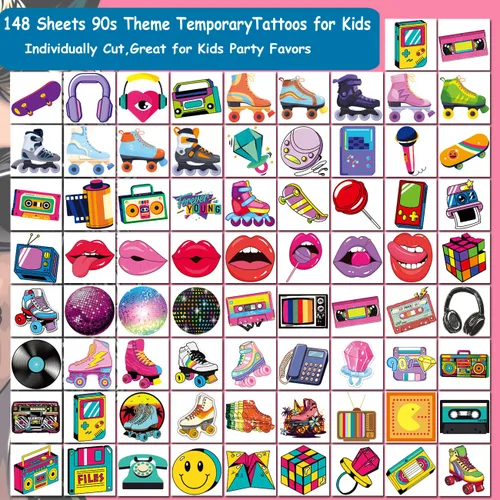 Miniatura 3 de CHARLENT 148 tatuajes temporales temáticos de los años 90 y 80 para niños, tatuajes individuales retro para niños y niñas, regalos de fiesta