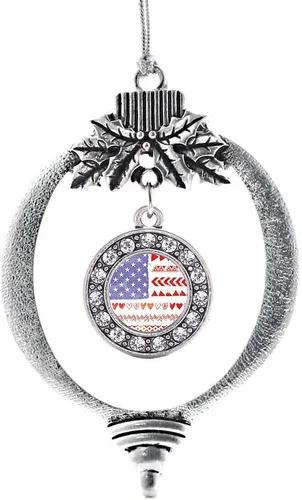 Inspired Silver - Bonita bandera estadounidense - Adorno de Navidad plateado - Adorno de árbol de Navidad con dije circular con circonita cúbica -