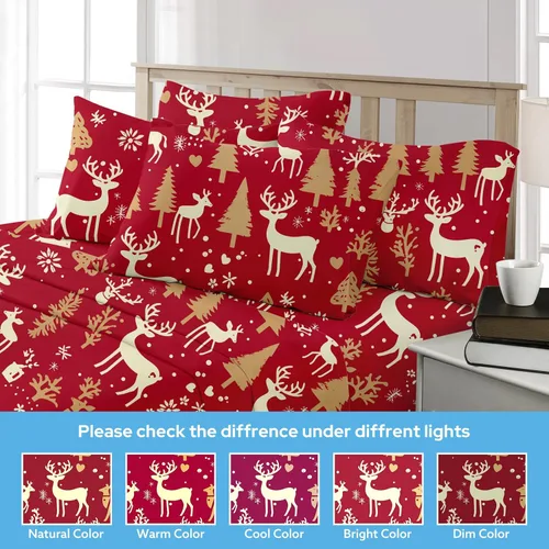 Miniatura 6 de BYSURE Juego de sábanas estampadas de reno y árbol de Navidad, 6 piezas (tamaño King, árbol de Navidad), ropa de cama de microfibra con bolsillo