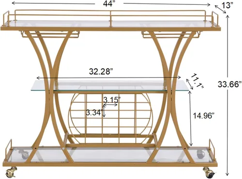Miniatura 3 de Carritos de Bar Dorados con Soportes de Vasos y Estante para Vino, Carritos de Bar para Servir en Casa de 3 Niveles con Estantes de Vidrio, Carritos