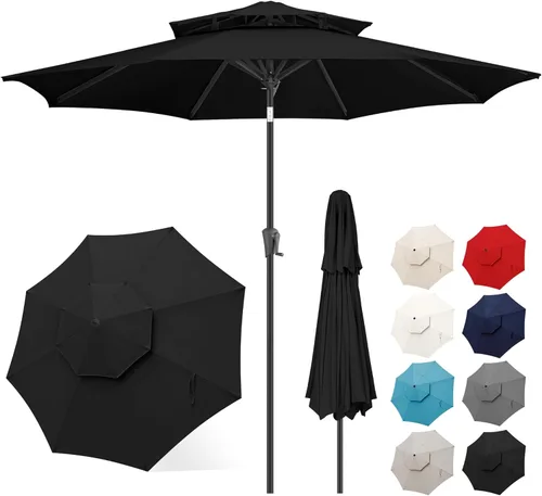 Miniatura 12 de FLAME&SHADE Sombrilla de Patio de 9 pies - Sombrilla para Exteriores de 2 Niveles con Botón de Inclinación y Manivela para Protección UV, Sombrilla