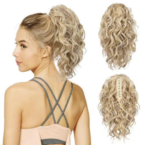 Miniatura 9 de Flufymooz Extensión de cola de caballo, extensión de cola de caballo corta de 12 pulgadas con pinza de garra, cabello ondulado rizado, clip