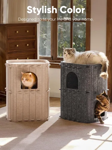 Miniatura 6 de FUKUMARU Casa para Gatos de Interior, Cama Cueva Grande para Gatos de 2 Pisos, Túnel Condo Escondite Acogedor Cubierto de Fieltro para Múltiples