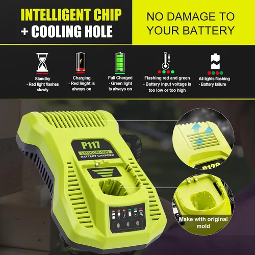 Miniatura 6 de 【Actualización】 Cargador de repuesto para cargador Ryobi de 18 V P117 compatible con Ryobi 12V-18V One+ batería de litio NiCad NiMh P102 P108 P189