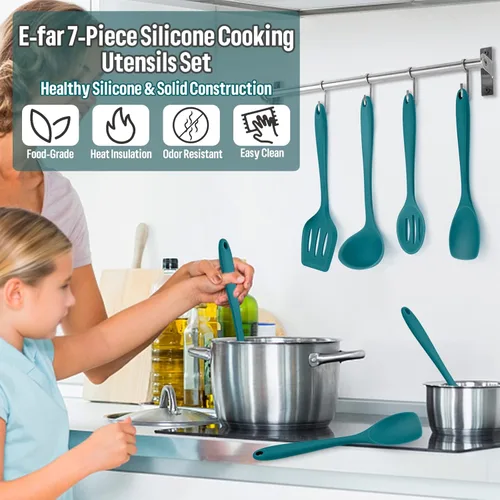 Miniatura 7 de E-far - Juego de utensilios de cocina de silicona, 7 piezas, color azul, resistentes al calor, herramientas antiadherentes, espátula, cucharón