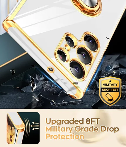 Miniatura 7 de LeYi Funda para Samsung Galaxy S22 Ultra con Soporte de Anillo Giratorio de 360°, Soporte Magnético con Patilla, Borde Protector Chapado en Oro Rosa