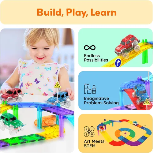 Miniatura 4 de PicassoTiles Juego de 3 autos de juguete magnéticos con luz LED, altamente detallado, compatible con imán, carreras, pistas de carreras, accesorios