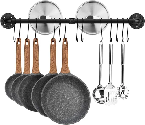 Toplife Riel de ollas de 31.5 pulgadas, organizador de utensilios de cocina montado en la pared con tapa de sartén desmontable y riel colgante con