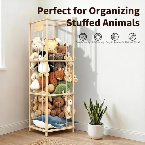 Miniatura 4 de Almacenamiento de animales de peluche, soporte de madera para juguetes de zoológico para habitaciones de niños, organizador de juguetes de ahorro