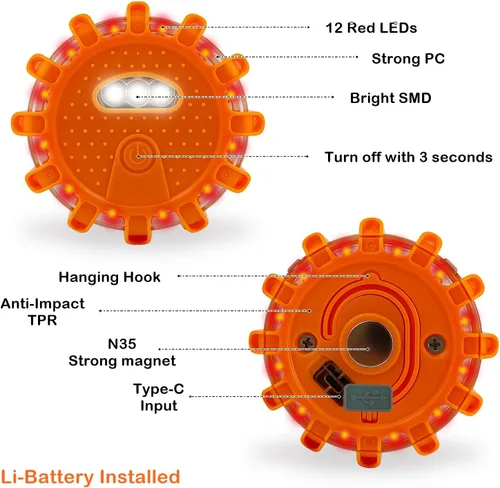 Miniatura 5 de Ecoangel - Kit de luces de emergencia LED tipo bengala recargables por USB-C, batería de litio de gran capacidad, cable 3 en 1, discos
