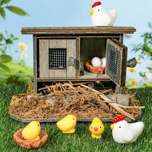 Miniatura 9 de Hiawbon Mini gallinero de madera retro en miniatura para pollo, gallinero, pollo, huevo, adorno de nido de pollo, micro paisaje, decoración