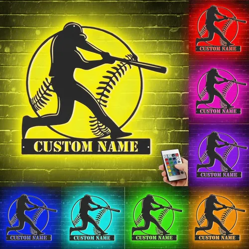 Decoración de pared de béisbol personalizada con 16 colores de luz LED, control remoto, nombre personalizado, letrero de neón, tema deportivo, arte