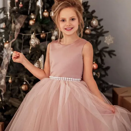 Miniatura 2 de Vestido de niña de flores para boda, espalda abierta, sin mangas, de tul de princesa, vestido de baile con nudo de lazo
