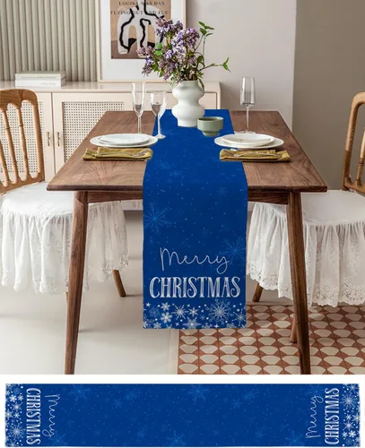 Miniatura 3 de Camino de mesa de Navidad de 48 pulgadas de largo, diseño de arpillera y algodón para cocina, redondo, cuadrado, boda, café, mesa de comedor, Copo