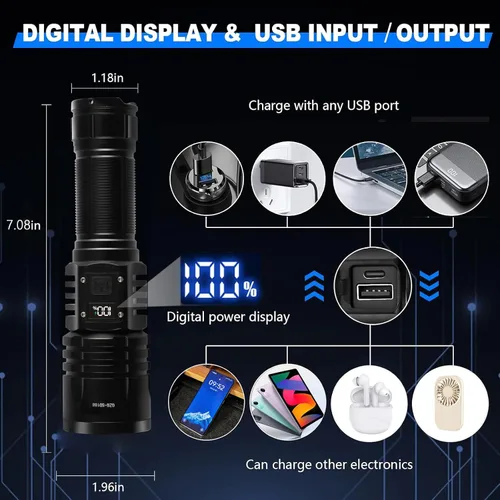 Miniatura 3 de Linternas LED Recargables de Alto Lúmenes, Linterna de 10000mAh de Alta Potencia Impermeable Más Brillante Linterna Zoomable con Foco