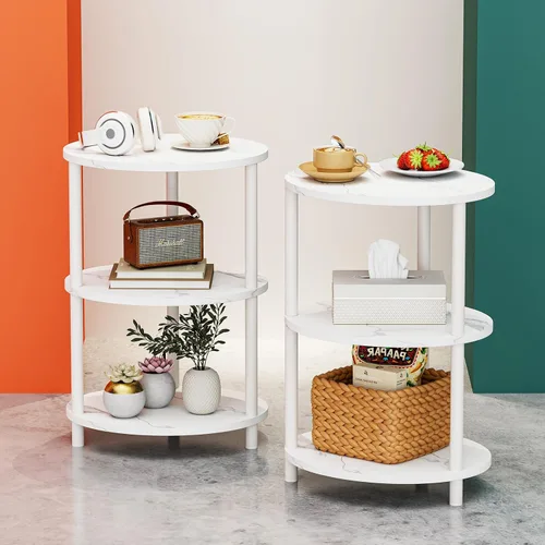 Miniatura 10 de Mesa auxiliar redonda pequeña – Mesa auxiliar ovalada de 3 niveles para espacios pequeños, mesa auxiliar de sofá de madera rústica y metal, mesita