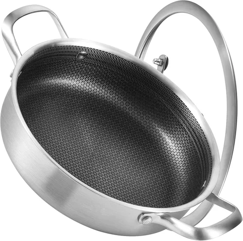 Inqibee 3 QT de acero inoxidable híbrido tricapa antiadherente con tapa, sartén de 10 pulgadas para freír en profundidad con inducción, sartén, olla