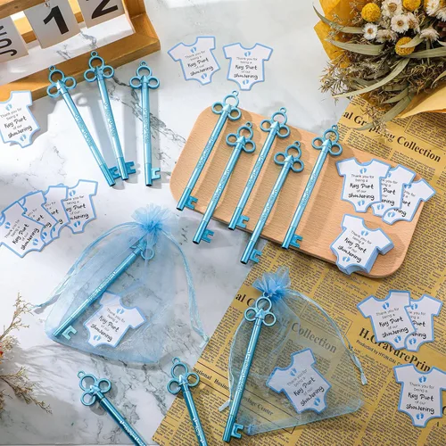 Miniatura 4 de Geyoga 50 juegos de recuerdos de fiesta de baby shower, 50 bolígrafos elegantes con forma de llave, bolígrafos de tinta de gel, 50 tarjetas de Azul