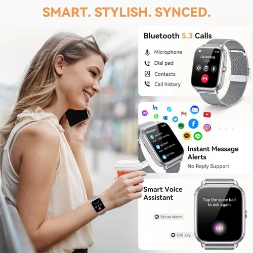 Miniatura 4 de Reloj inteligente para mujeres y hombres, batería de 1000 mAh, contador de actividades, compatible con Android iPhone iOS, 3 correas Plateado