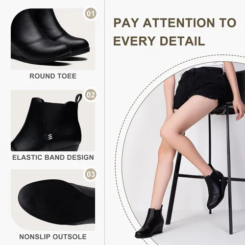Miniatura 4 de Vepose Botas de tobillo para mujer, botines de tacón de cuña negro, zapatos casuales para mujer