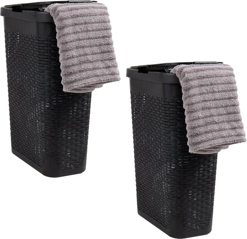 Miniatura 8 de Mind Reader Cesta de lavandería delgada con tapa, cesta de ropa de 40 L, diseño de mimbre premium, plástico, azul bebé