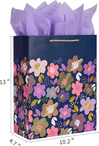 Miniatura 3 de SUNCOLOR Bolsa de regalo floral grande con papel de seda y tarjeta, diseño de flores coloridas, azul profundo, 13 x 10.2 x 4.7 pulgadas, para mujer