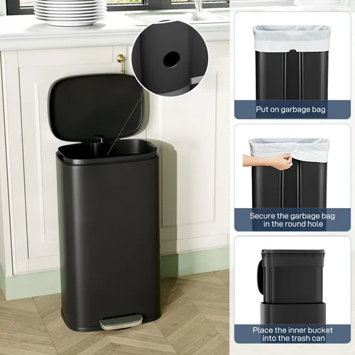Miniatura 7 de Arlopu Cubo de basura de acero inoxidable de 13.2 galones, cubo de basura de cierre suave con cubo interior de plástico extraíble, a prueba de Negro