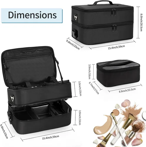 Miniatura 4 de Estuche de maquillaje extra grande, bolsa de viaje para artistas de maquillaje profesional, doble capa, ligera, XL, estuche organizador de viaje