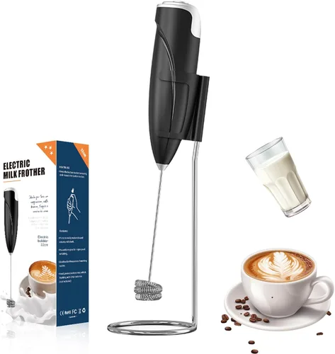 Espumador de leche eléctrico de mano con soporte inalámbrico de acero inoxidable para batir café, crema y huevos