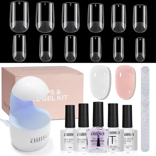 Miniatura 12 de AILLSA Kit de uñas almendra con lámpara UV, 240 piezas de puntas de uñas cortas de gel y kit de pegamento en gel con pegamento de uñas 2 en 1, capa