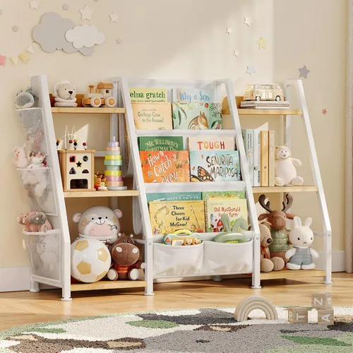 Estantería infantil y organizador de juguetes: estante de libros de 3 niveles para habitación de niños, estante para libros Montessori para niños