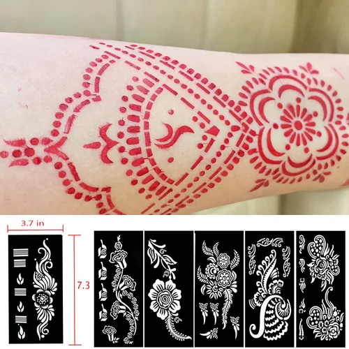 Miniatura 2 de Plantillas de tatuaje de henna de 18 hojas para manos, plantillas temporales de tatuaje con purpurina, kit de calcomanías de tatuaje de henna india
