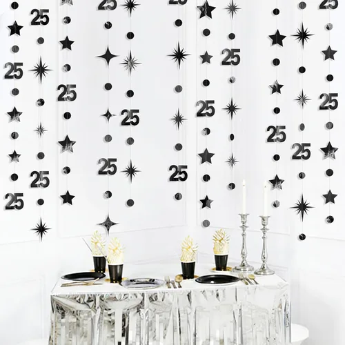 Miniatura 3 de Decoraciones negras de cumpleaños número 25 con círculos, estrellas, guirnalda de serpentina, telón de fondo para mujeres y hombres, saludos a
