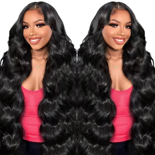 Miniatura 12 de LuAiJa Peluca de cabello humano ondulado con encaje frontal, cabello humano prearrancado, encaje frontal HD de 13 x 4, densidad 180, cabello de Negro