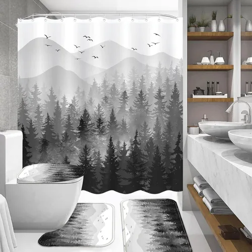 Miniatura 4 de Fungarth Juego de 4 cortinas de ducha de bosque brumoso negro y blanco con alfombra, juegos de baño de montaña con cortina de ducha de tela