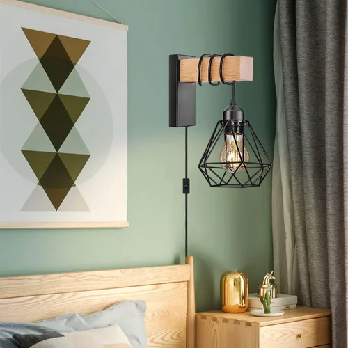 Miniatura 5 de Juego de 2 apliques de pared enchufables, luces de pared de granja con cable de enchufe, lámpara de pared rústica negra para dormitorio, mesita