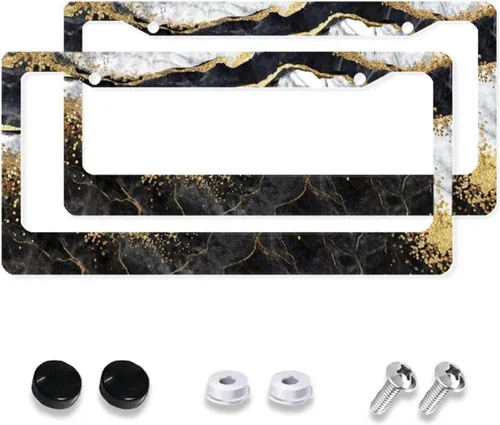 Paquete de 2 marcos de matrícula de mármol dorado, accesorios de automóvil, marco de aluminio negro y blanco con 4 agujeros para tornillos, novedad