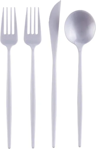 Miniatura 3 de Juego de cubiertos desechables de diseño moderno para vacaciones, juego de cubiertos de plástico para 24-24 cucharas de plástico, 24 cuchillos, 48