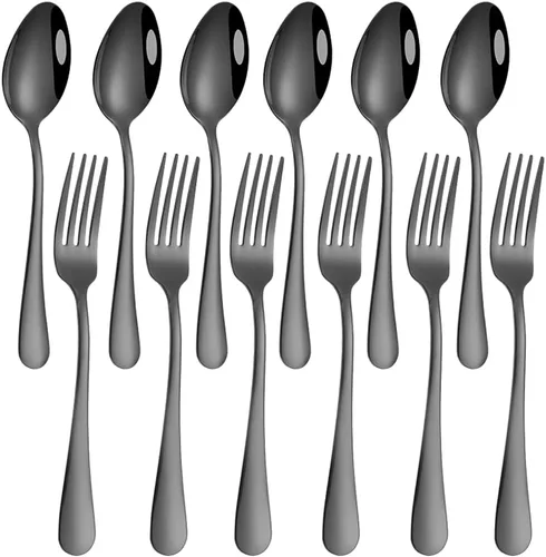 findTop - Juego de 12 tenedores y cucharas de acero inoxidable chapados en negro, tenedores resistentes (8 pulgadas) y cucharas (7 pulgadas), color