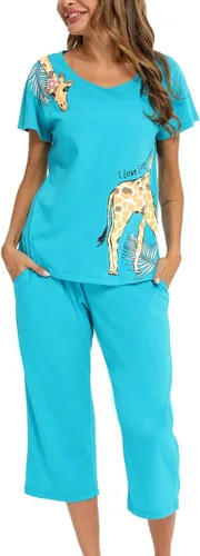 Miniatura 2 de ENJOYNIGHT Conjunto de pijama de algodón para mujer, parte superior de manga corta y pantalones capri, ropa de dormir de 2 piezas